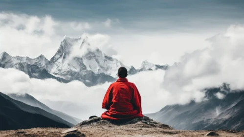 Meditating Man in Red Robe on Mountain Rock