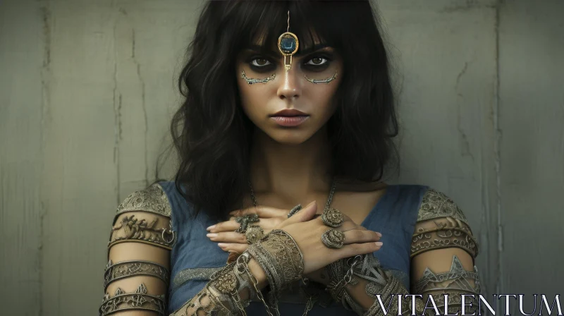 Mysterious Woman in Blue Dress with Golden Jewelry
