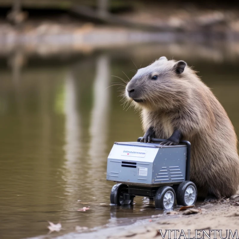 Playful Beaver Riding a Toy Truck in Water - A Unique Fusion of Nature and Future Tech AI Image