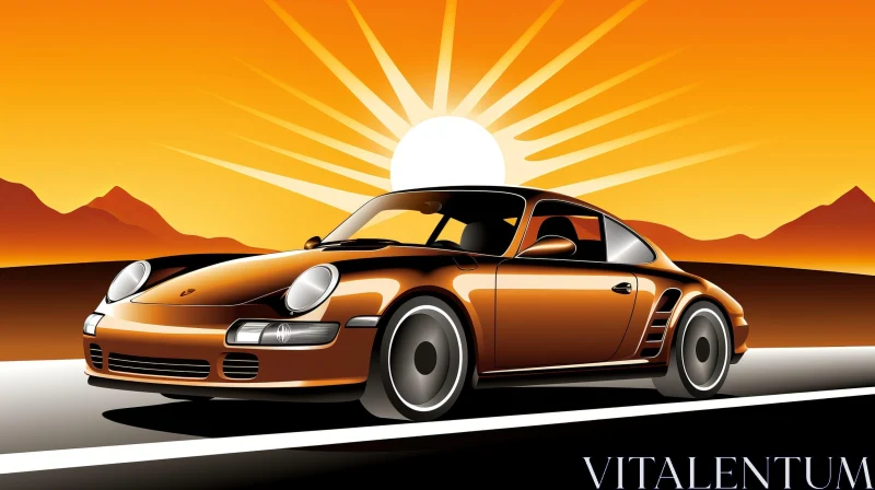 Porsche 911 Carrera 996 Driving Illustration with Mountain Sunset AI Image