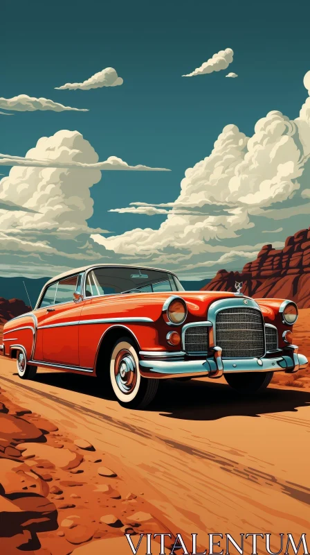 Red 1950s Car in Desert Landscape Digital Painting AI Image