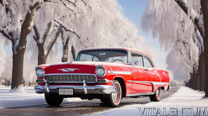 Red Retro Car on Snowy Road - 1957 Chevrolet Bel Air AI Image