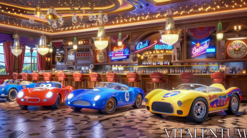 Retro-Futuristic Bar with Neon Signs and Classic Cars AI Image