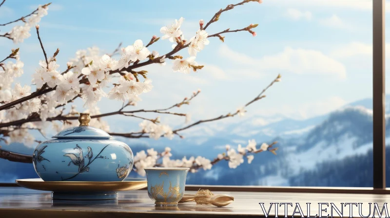 Serene Cherry Blossom Tree and Snow-Capped Mountain Landscape AI Image