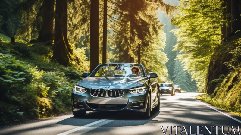 AI ART Silver BMW 2 Series Convertible Driving Through Forest