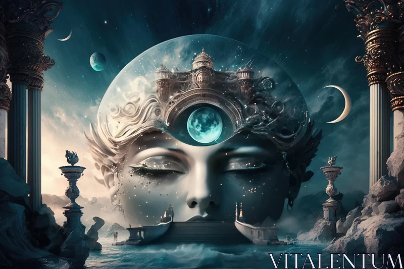 Surreal 3D Landscape Art: Woman's Head with Ornate Cloud and Moon AI Image