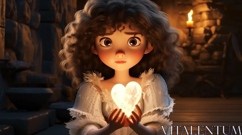 Surreal 3D Rendering of a Young Girl Holding a Glowing Heart AI Image