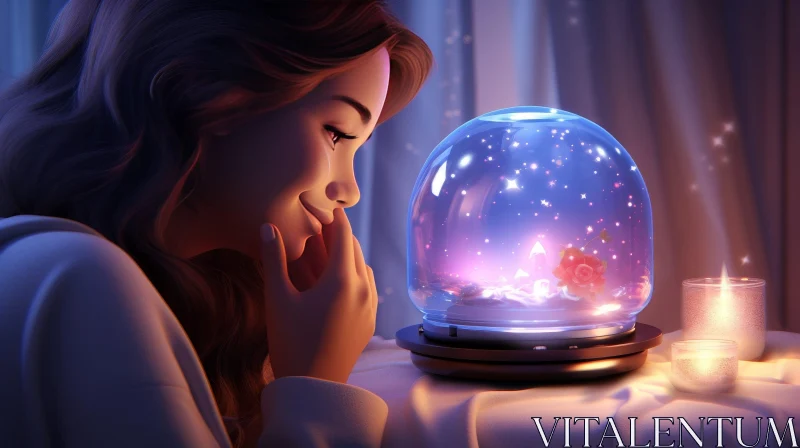 Surreal Image of Woman with Glass Ball and Rose Inside Smiling at Night Sky AI Image