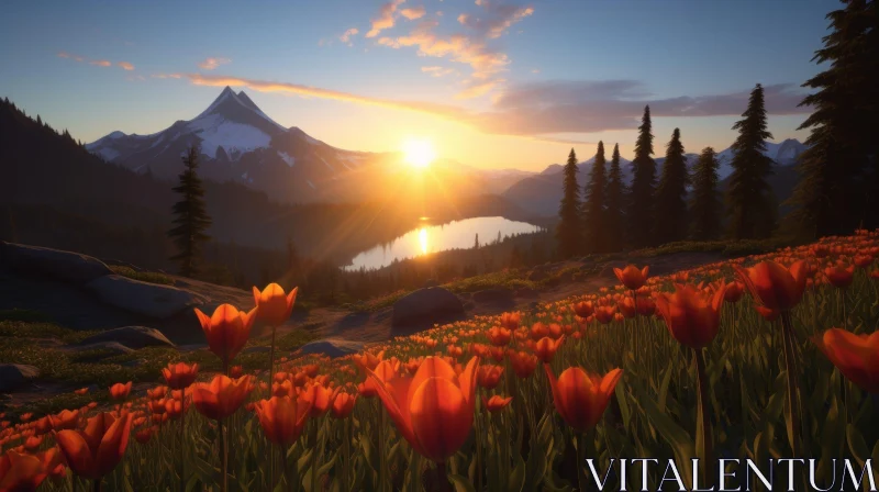 Tranquil Mountain Lake Landscape with Flowers