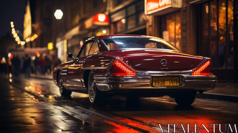 AI ART Vintage Car Parked on Wet City Street at Night