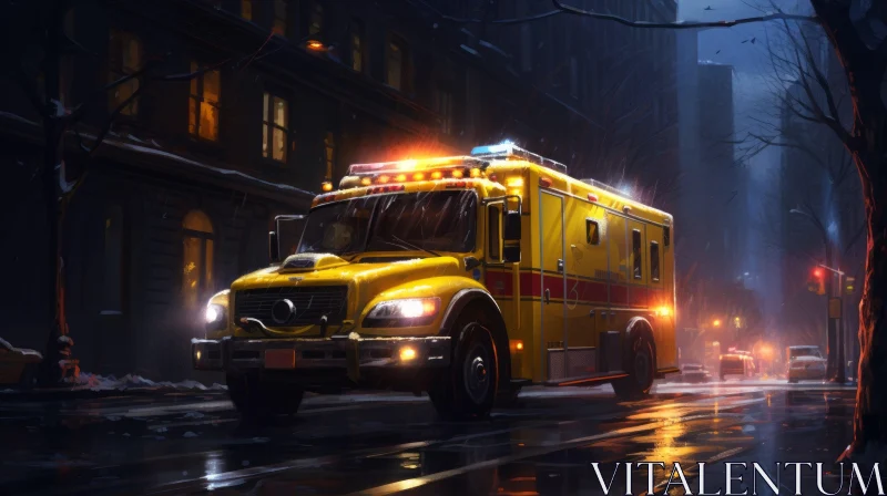 Yellow Ambulance Driving in Urban Night Scene AI Image