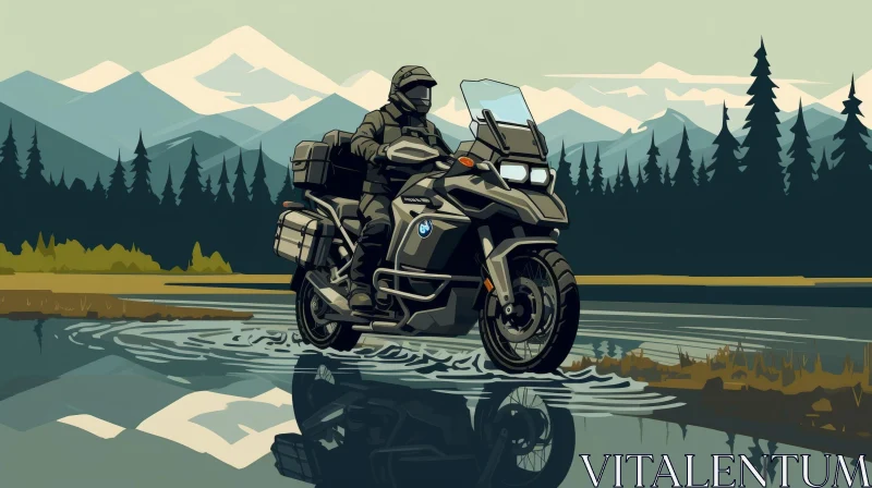 AI ART Adventure Ride: Motorcyclist on BMW Motorcycle Crossing River