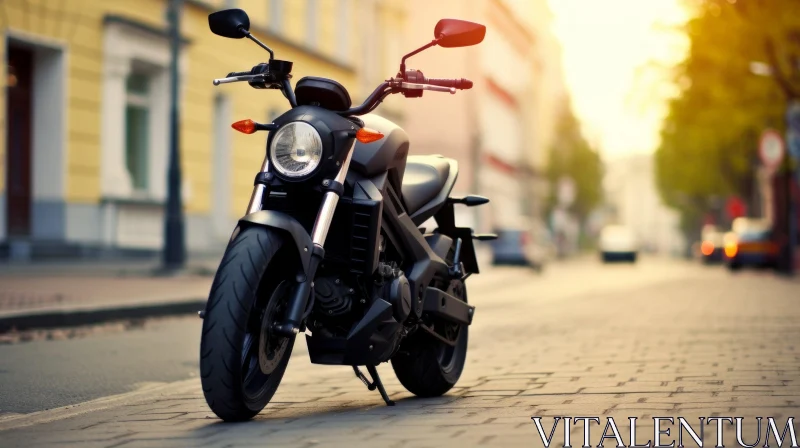 Black Motorcycle on Urban Cobblestone Street at Sunrise AI Image