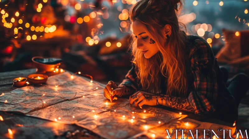 Cozy Interior: Young Woman Looking at Map in Magical Atmosphere AI Image
