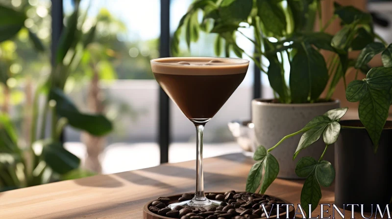 Dark Brown Liquid in Martini Glass on Wooden Table AI Image