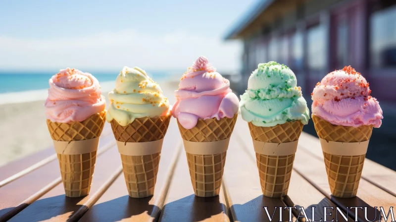 Delicious Ice Cream Cones on Wooden Table AI Image