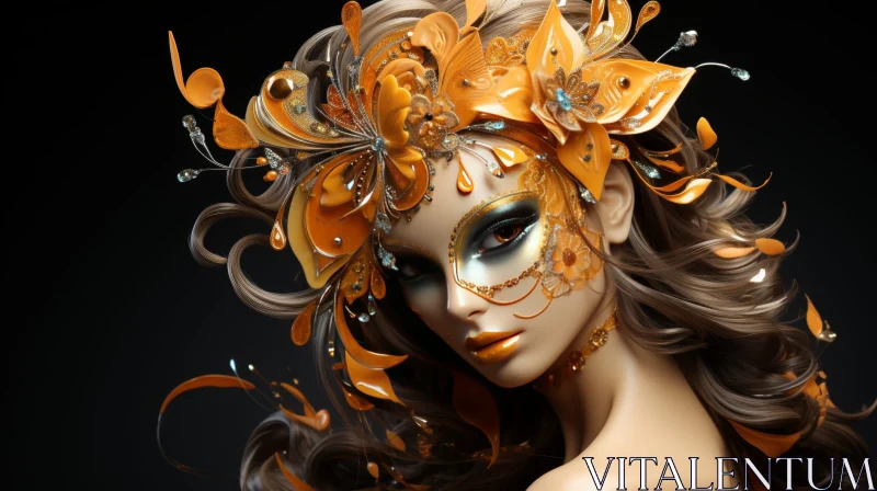 AI ART Golden Mask Woman with Orange Flowers and Pearls