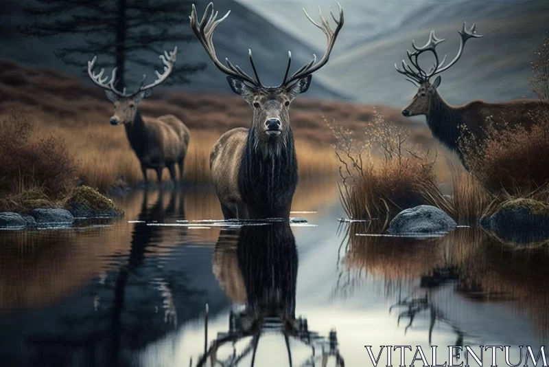 Hauntingly Beautiful Portraits of Deer in a Water Body surrounded by Mountains AI Image