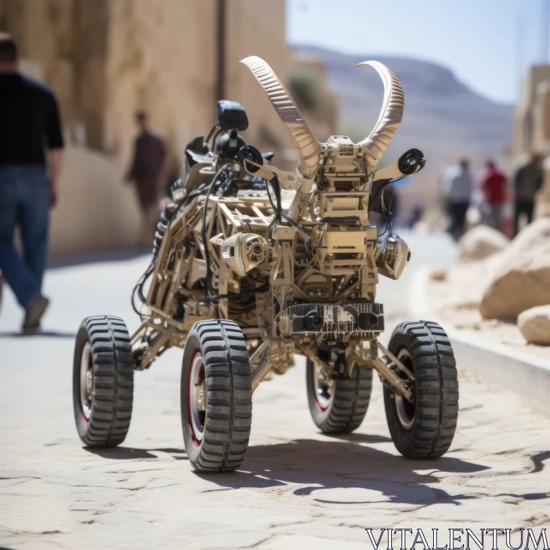 Intricate Mechanical Vehicle in Desert: Fusion of Art and Technology AI Image