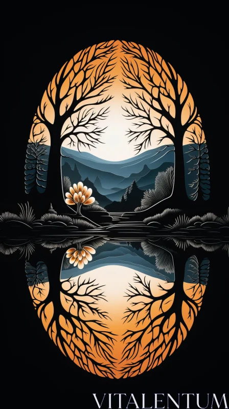 Intricate Tree Reflection Art: A Blend of Light Gold and Dark Black AI Image