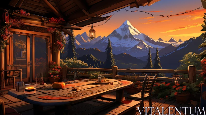 Mountain Sunset Landscape from Wooden Cabin AI Image