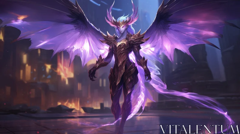 Purple Winged Fantasy Woman in Dark City AI Image