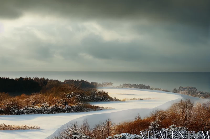 AI ART Romantic Winter Landscape: Snow-Covered Beach with Cloud | Nature Photography