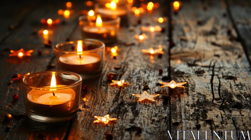 Softly Lit Candles on a Wooden Table: A Captivating Still Life Composition AI Image