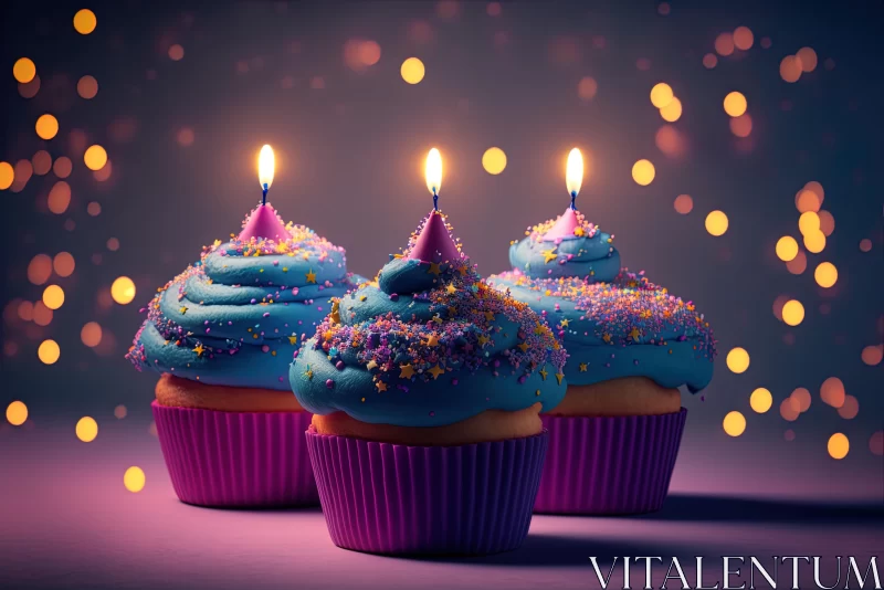 Vibrant Cupcakes with Candles and Lights on a Purple Background AI Image