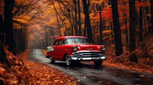 Vintage Red Car Driving Through Colorful Fall Forest