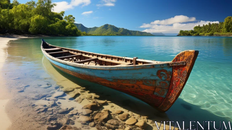 Weathered Wooden Boat on Sandy Beach AI Image