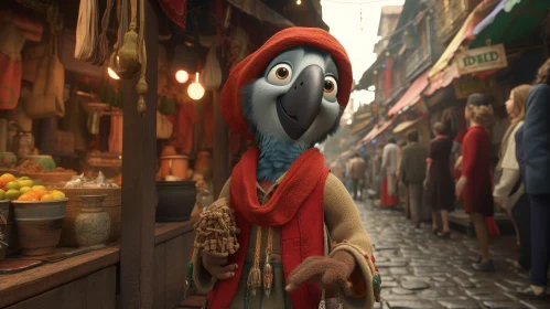 Whimsical 3D Rendering of Parrot in Red Hat and Scarf