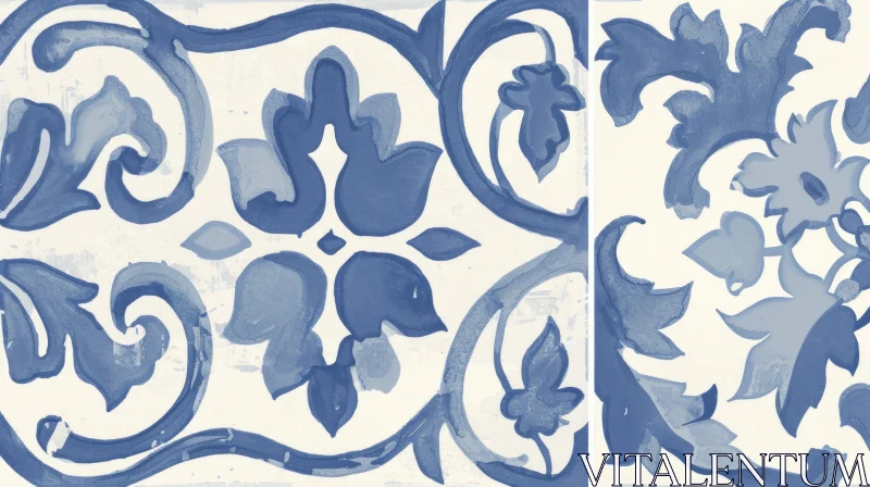 Blue and White Tile Pattern Watercolor Painting AI Image