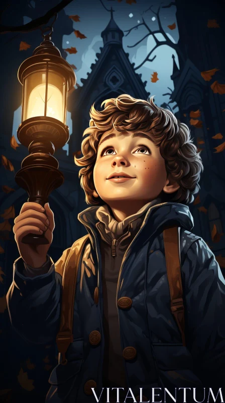 Enigmatic Young Boy with Lantern in Dark Forest AI Image