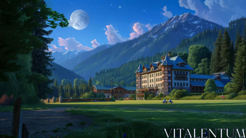 AI ART Mountain Valley Hotel Landscape with Moonlight