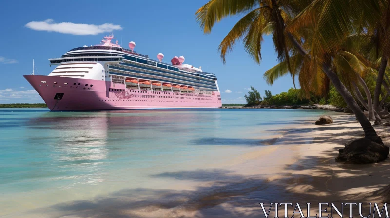 Pink Cruise Ship at Tropical Beach - Serene Port View AI Image