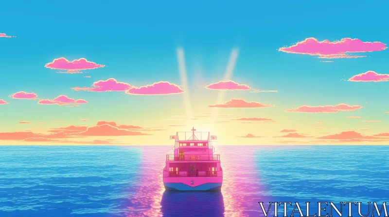 Pink Sea Boat Sailing Digital Painting AI Image