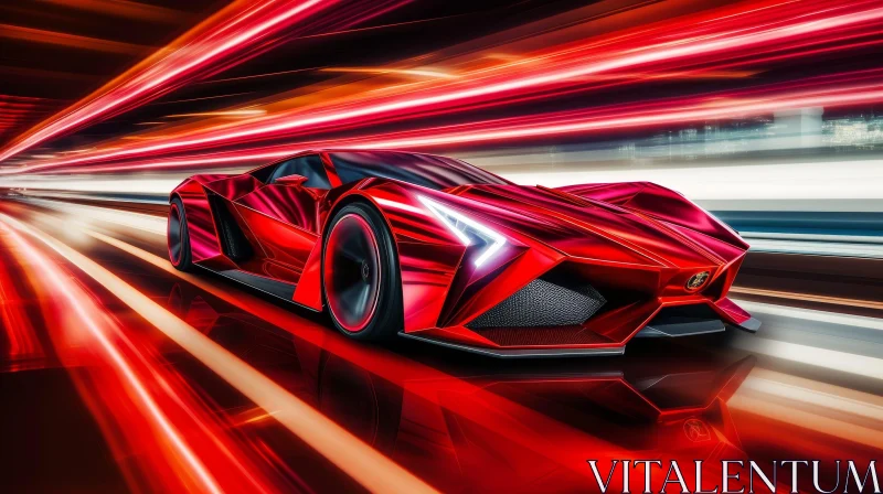 Red Sports Car Speeding Through City at Night AI Image