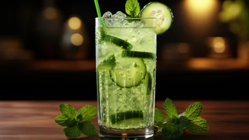 Refreshing Cucumber Sparkling Water on Wooden Table