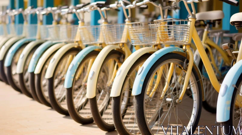 Row of Yellow and Blue Bicycles - Neat Parking AI Image