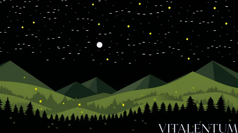 AI ART Serene Night Landscape Illustration with Stars and Moon