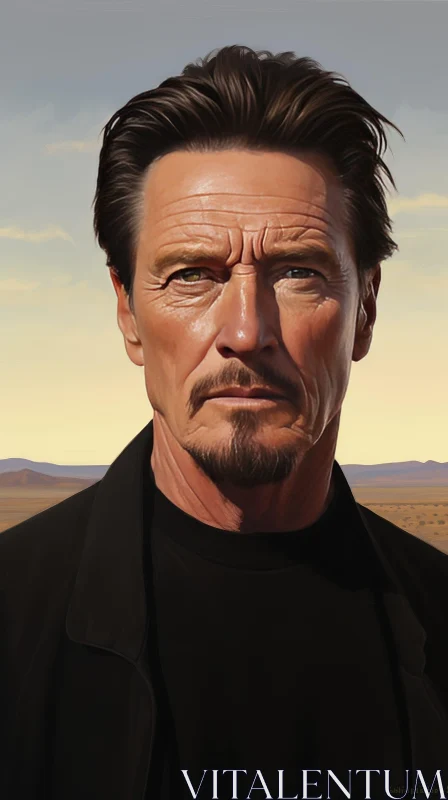 Serious Middle-Aged Man Portrait in Desert Landscape AI Image
