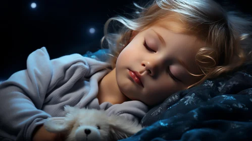 Sleeping Child with Stuffed Animal on Blue Bed