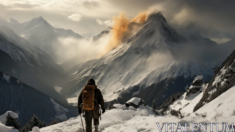 Snowy Mountain Hiker Landscape AI Image