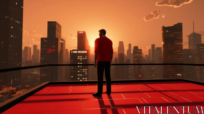 AI ART Urban Sunset View: Man on Rooftop Enjoying Cityscape