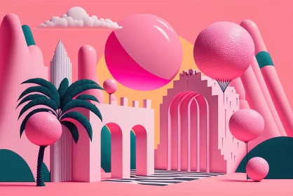 Vibrant Pink Abstract Buildings and Balloon - Graphic Design-Inspired Illustrations
