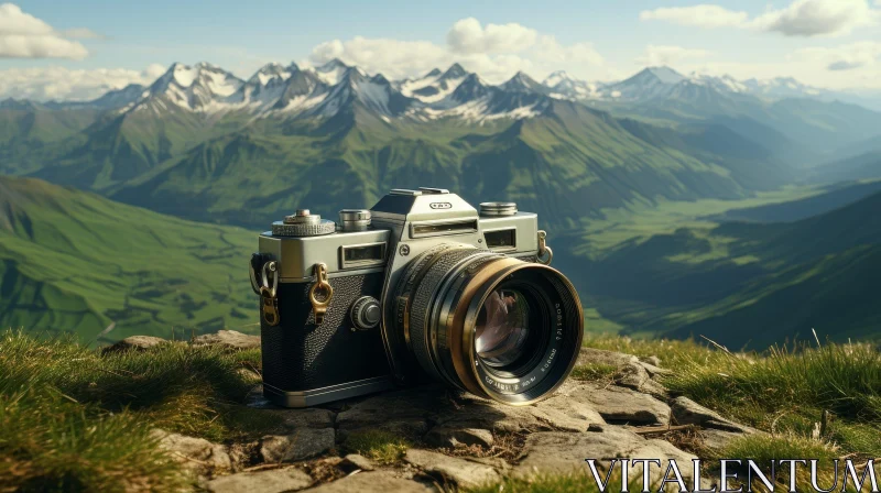 Vintage Camera on Rocky Hilltop: Mountain Landscape Photography AI Image