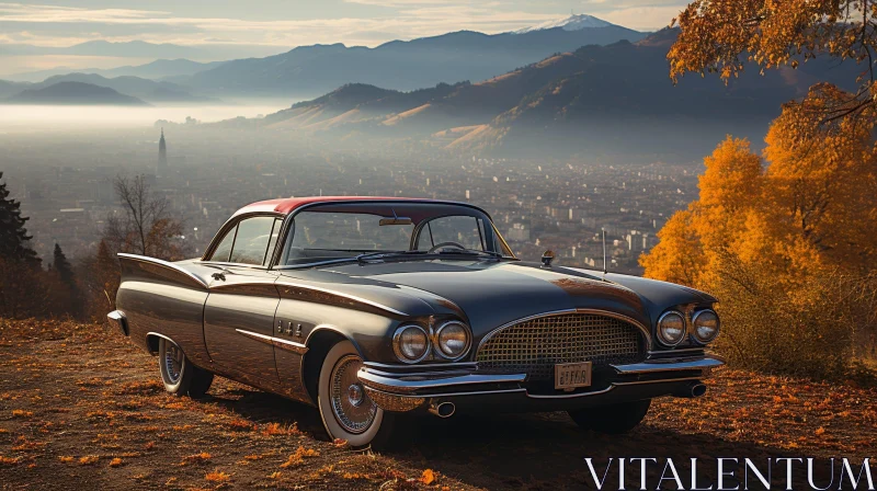 Vintage Classic Car Overlooking Cityscape AI Image