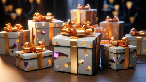 Warm Celebration: Wrapped Gifts with Gold Ribbons