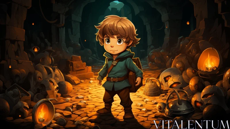AI ART Young Boy in Dark Cave Digital Painting